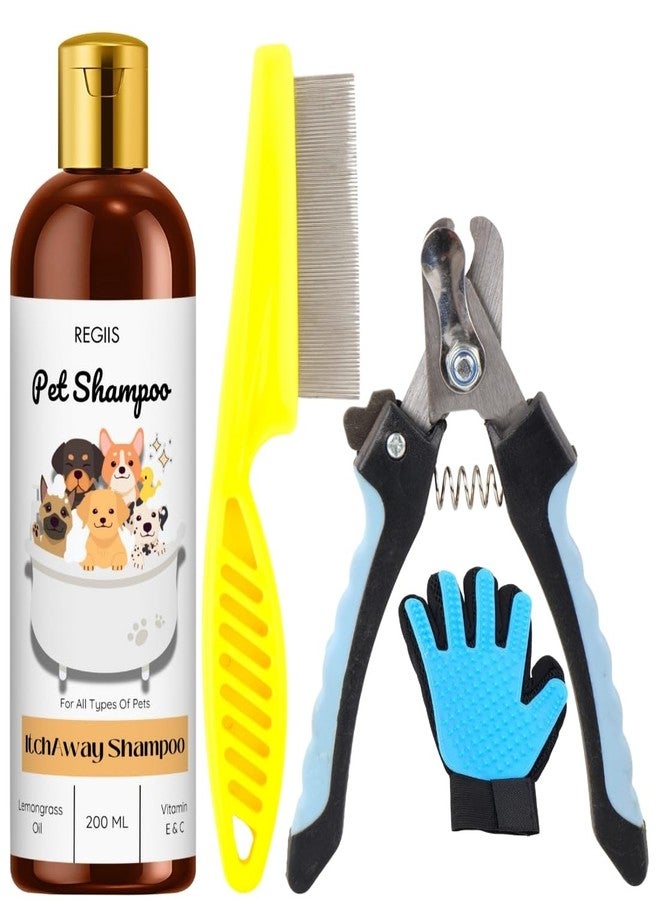 REGIIS Pet Shampoo for Dogs, Itch Away Formula with Lemongrass Oil, Vitamin E & C, 200ml, Includes Grooming Tools, Flea Comb, Nail Clipper, Deshedding Glove(4 Pack) - Image 1